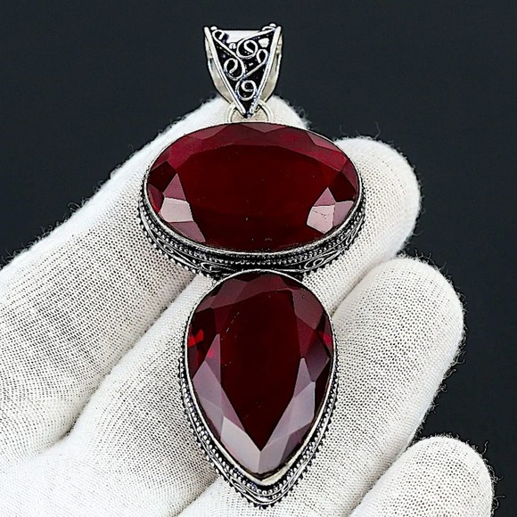 Antique Ruby Pendant Necklace, Sterling Silver, Double Gemstone, Statement - Picture 6 of 11